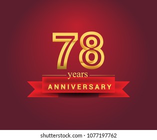 78 years anniversary design with red ribbon and golden color isolated on red background, Design for anniversary celebration.