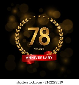 78 years anniversary logo with golden  laurel and red ribbon for booklet, leaflet, magazine, brochure poster, banner, web, invitation or greeting card. Vector illustrations.