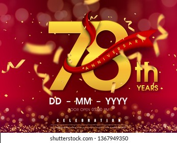 78 years anniversary logo template on gold background. 78th celebrating golden numbers with red ribbon vector and confetti isolated design elements