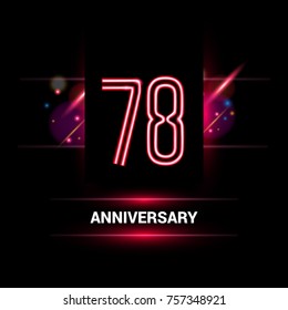 78 Years Anniversary vector logo design using neon style with flare ornament isolated on dark background