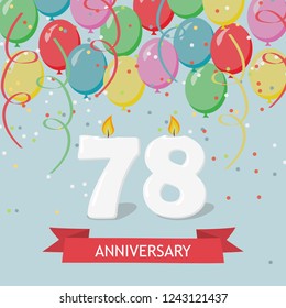 78 years selebration. Happy Birthday greeting card with candles, confetti and balloons