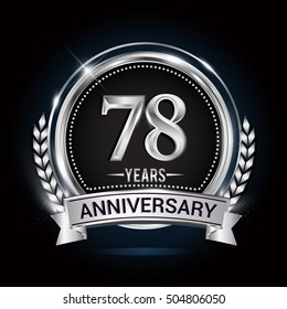 78 years silver anniversary logo with laurel wreath, ribbon and silver ring. vector design
