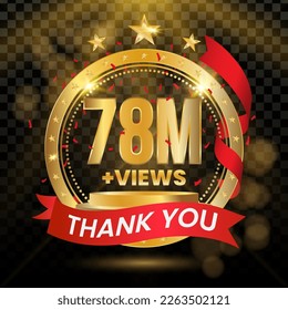 78M+ Vistas Logotipo con oro y confeti rojo aislado en fondo negro (PNG), diseño vectorial para la celebración de la visualización de video.