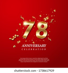 78th Anniversary celebration. Golden number 78 with sparkling confetti, stars, glitters and streamer ribbons on red background. Vector festive illustration. Birthday or wedding party event decoration