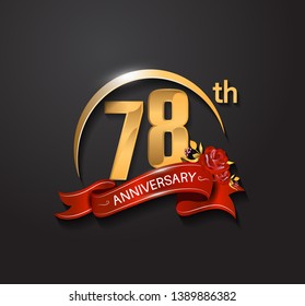 78th anniversary design logotype with golden swoosh, red ribbon and red rose. Vector template for use in celebration company event, greeting card, and invitation card