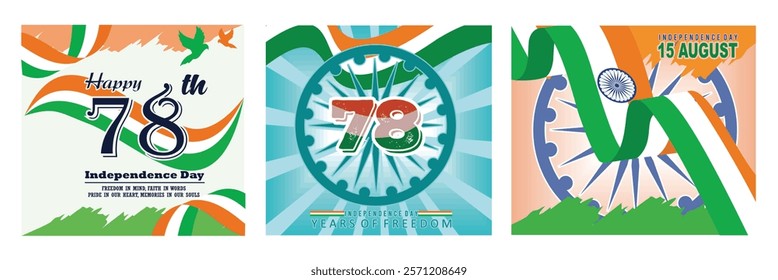 78th Anniversary, Independence Day India. Patriotic Design. National Flag and Ashoka Chakra Design. Set flat vector modern illustration