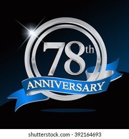 78th anniversary logo with blue ribbon and silver ring, vector template for birthday celebration.
