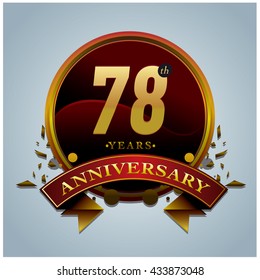78th anniversary logo with gold circle badge. Anniversary signs illustration. Vibrant colors anniversary logo with geometric shape and circle gold ring