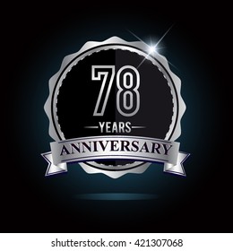 78th anniversary logo with ribbon and silver shiny badge, vector design for birthday celebration