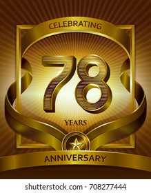 78th anniversary logo. Vector and illustration with ribbon shiny gold
