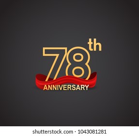 78th anniversary logotype design with line golden color and red ribbon for celebration isolated on dark background