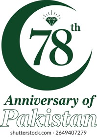 78º aniversário do logotipo do Paquistão - Crescente com Diamante e Elegante Tipografia Itálica