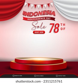 78th of august indonesian independence day sale square banner for social media post with 3d podium for sale with abstract gradient red and white background design