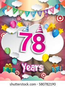 78th Birthday Celebration greeting card Design, with clouds and balloons. Vector elements for the celebration party of seventy eight years anniversary