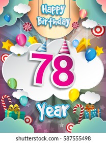 78th Birthday Celebration greeting card Design, with clouds and balloons. Vector elements for the celebration party of seventy eight years anniversary