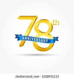 78th golden Anniversary logo with blue ribbon isolated on white background. 3d gold 78th Anniversary logo