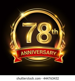 78th golden anniversary logo with ring and red ribbon, vector design.