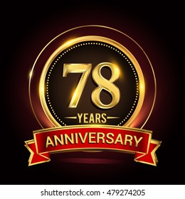 78th golden anniversary logo with ring and red ribbon. Vector design template elements for your birthday celebration.