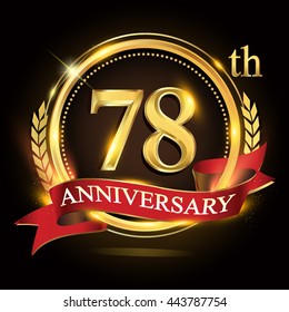 78th golden anniversary logo, with shiny ring and red ribbon, laurel wreath isolated on black background, vector design