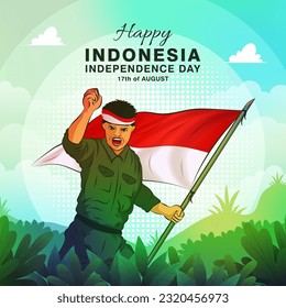 78th independence day or dirgahayu republik indonesia banner with soldier holding flag