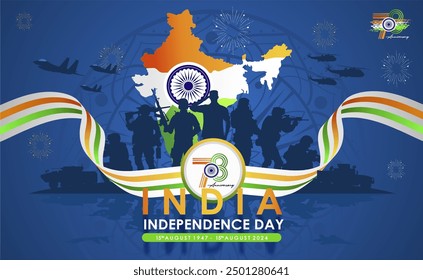 78º Día de la Independencia de la India 15 de agosto de 2024 Diseño de Ilustración vectorial con el logotipo de 78, ejército de la India e ilustración de mapa. Día de la Independencia de Bharat Ganarajya 2024 Anuncio, antecedentes y Plantilla. 