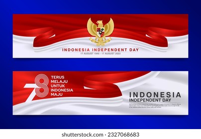 78th Indonesia independence day banner design with red white waving ribbon and meaning of slogan is "Keep going for advanced Indonesia"