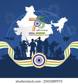 78. Unabhängigkeitstag der Republik Indien 15. August 2024 Gruß, Vorlage, Banner, Poster, Hintergrund. 78. Bharat Ganarajya Jubiläum Vektorgrafik mit Logo, India Army und Karte