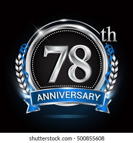 78th silver anniversary logo with laurel wreath, blue ribbon and ring. vector design