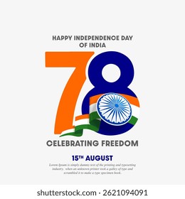 78th year of India Independence Day, 15 August vector illustration.