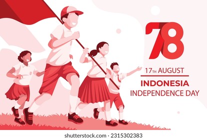 78th years 17 August Indonesia independence day banner, Indonesian flag-raising illustration. 