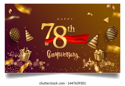 78th years anniversary design for greeting cards and invitation, with balloon, confetti and gift box, elegant design with gold and dark color, design template for birthday celebration.