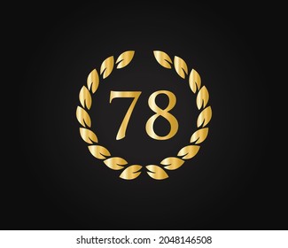 78th Years Anniversary Ring Logo Template. 78th Years Anniversary Logo With Golden Ring Isolated On Black Background, For Birthday, Anniversary And Company Celebration
