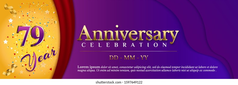 79 Anniversary celebration banner template with ribbon and red curtain on luxury purple paper cut background