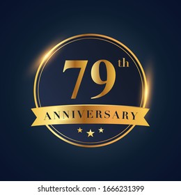 79 anniversary celebration logotype. Golden colored isolated on black blue background, vector design for greeting card and invitation card and celebration event