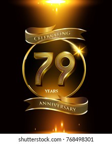 79 anniversary logo with golden ring and ribbon colored isolated on black background, vector design for party greeting card and invitation card. celebration logotype template