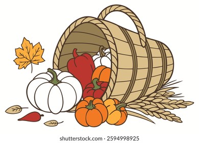 79 Autumn harvest cornucopia, overflowing wicker basket, colorful bell peppers, white and orange pumpkins, gourds, autumn leaves, rustic wooden background, vibrant fall colors, thanksgiving theme, bou