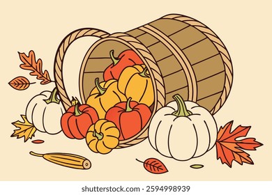 79 Autumn harvest cornucopia, overflowing wicker basket, colorful bell peppers, white and orange pumpkins, gourds, autumn leaves, rustic wooden background, vibrant fall colors, thanksgiving theme, bou