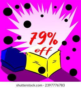 79% box releasing discount for sale, illustration, yellow, blue, purple, white, red and black