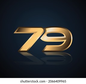 79 Gold 3D-Zahlenlogo auf dunklem Hintergrund mit realistischer Reflexion