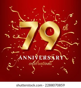 79 golden numbers and anniversary celebrating text with golden confetti spread on a red background