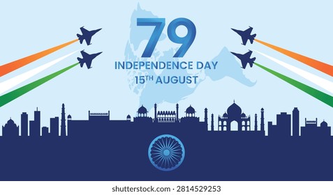 79 Independence Day India 15th August Fighter Jet Flypast City Skyline Silhouette Ashoka Chakra National Patriotic Freedom Celebration Banner Poster Background Card Festival Social Media Post