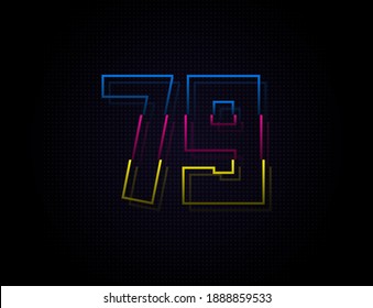 79 number colorful outline stroke font. Trendy, dynamic creative style design. Vivid vector font for logo, brand label, design elements, nightlife, application etc