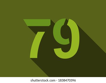 79 Number with long shadow, green colors cutting style. For logo, brand label, design elements, corporate identity, application & more. Vector editable illustration.