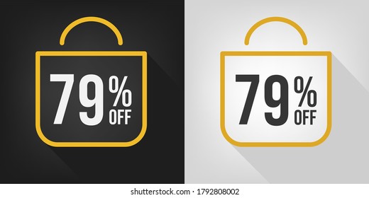 79% de descuento. Banner negro, blanco y amarillo con 79% de descuento. Vector de concepto de bolsa de compras.