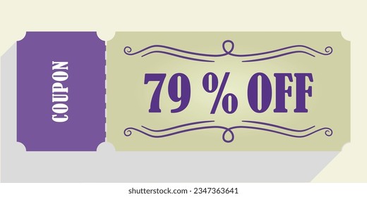 79% fuera del vector de cupón. Cupón de descuento del 79%. Colores morado y beige.  Cupón perfeccionado. Sombra.