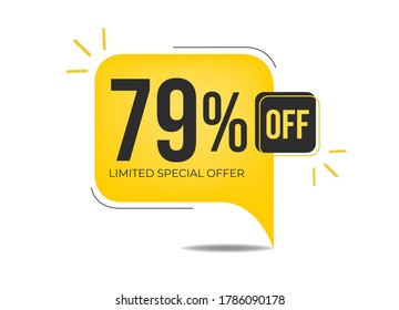 79% off limited special offer. Banner with seventy-nine percent discount on a yellow square balloon.