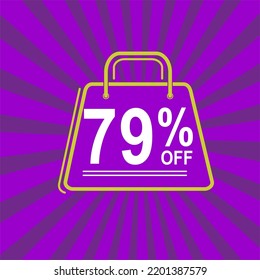 79% off. Purple, white and yellow banner with seventy nine percent discount. Shopping bag concept.