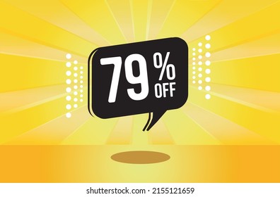 79% off. Yellow banner with seventy nine percent discount on a black balloon for mega big sales.