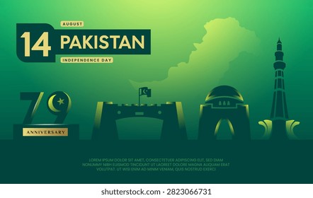 79 Pakistan independence day concept. 14 august Independence Day of Pakistan banner with concept of pakistan monument, crescent moon with star, minar e pakistan, mazar e quaid and Bab e Khyber, web banner and greeting card.