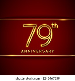 79 / Seventy Nine Years Anniversary Logo with Shiny Golden Number on Red Background Isolated. 79th Celebration Event. Can Use for Poster, Invitation and Greeting Card. Easily Editable Vector.